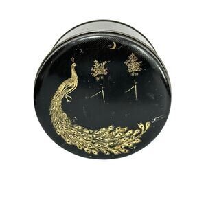 Vintage candy cookie biscuit tin black & gold peacock motif Art Deco storage